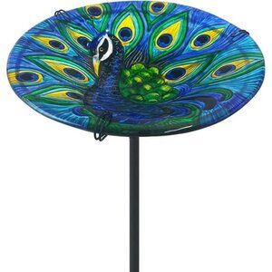 Peacock Bird Bath for Outside Glass Birdbath Bowl & Birdfeeder with Metal Stake